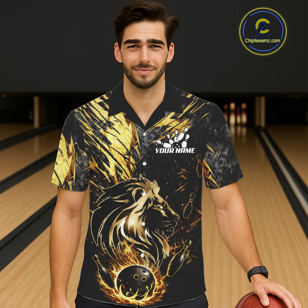 Black and Gold Lion Bowling Button-up Shirt Custom Lion Bowling Team Hawaiian jerseys NQS11682