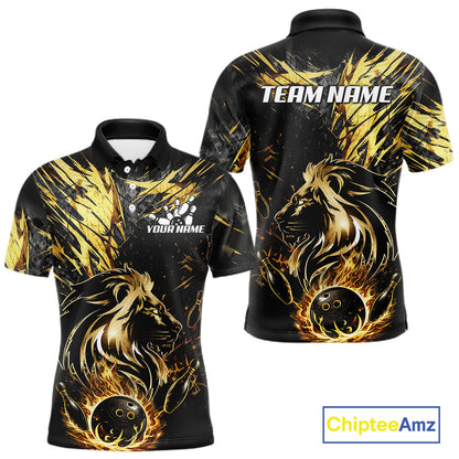 Black and Gold Lion Bowling Polo, 1/4 Zip Shirt for Men Custom Lion Bowling Team jerseys NQS11682