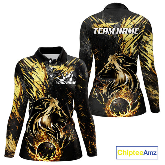 Black and Gold Lion Bowling Polo, 1/4 Zip Shirt for Women Custom Lion Bowling Team jerseys NQS11682