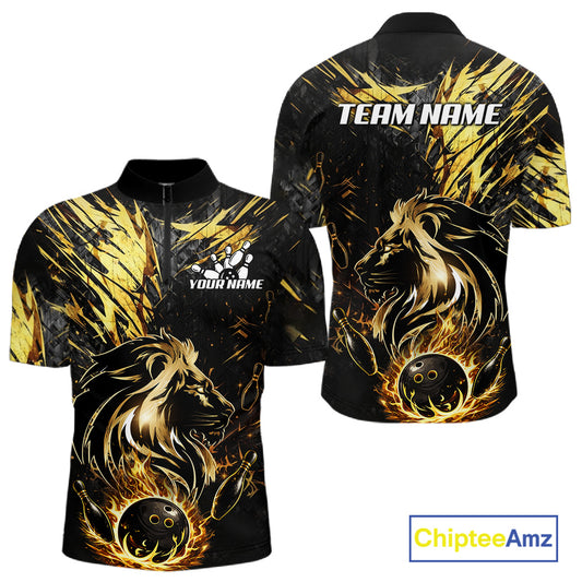 Black and Gold Lion Bowling Polo, 1/4 Zip Shirt for Men Custom Lion Bowling Team jerseys NQS11682