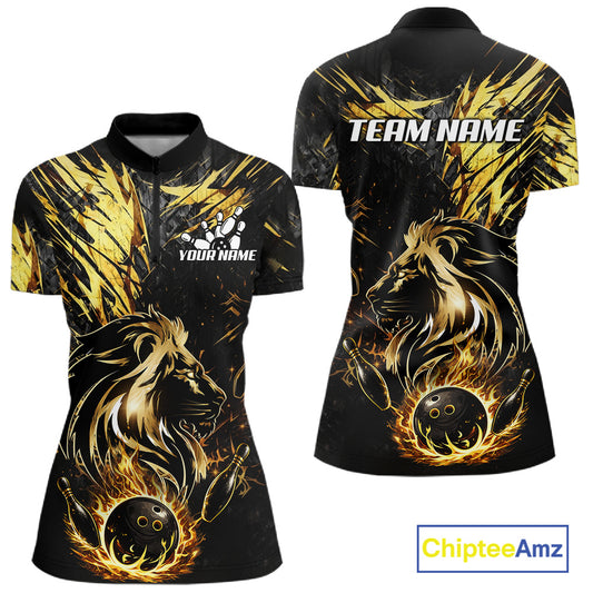 Black and Gold Lion Bowling Polo, 1/4 Zip Shirt for Women Custom Lion Bowling Team jerseys NQS11682