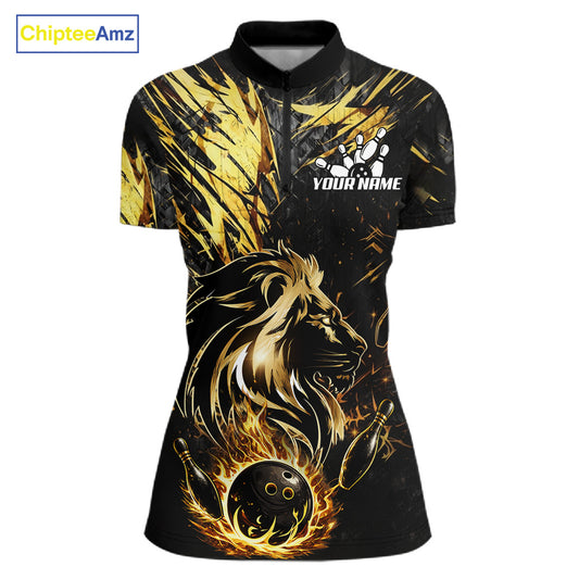 Black and Gold Lion Bowling Polo, 1/4 Zip Shirt for Women Custom Lion Bowling Team jerseys NQS11682