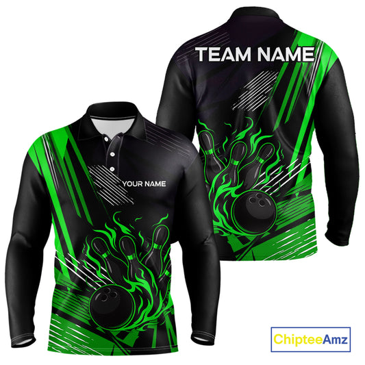 Black and Green Flame Bowling Polo, Quarter Zip Shirts For Men Custom Bowling Outfit Team Jerseys NQS10193