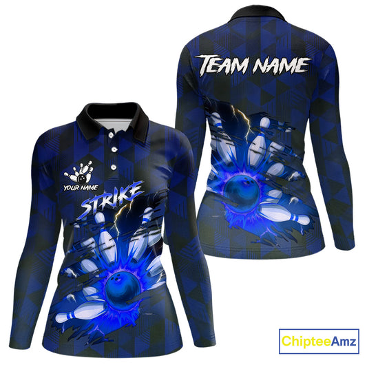 Blue Camo strike Women's Bowling Polo, Quarter Zip Shirt Custom Team Bowling jersey, gift for bowler NQS10343