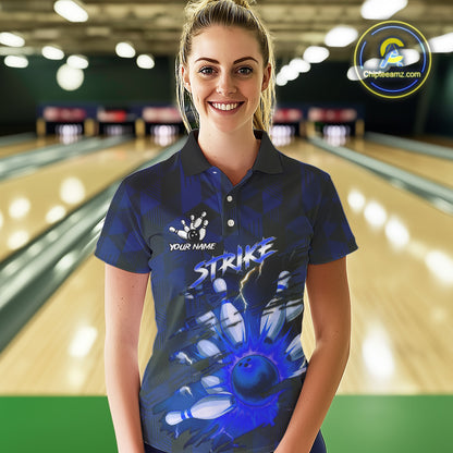 Blue Camo strike Women's Bowling Polo, Quarter Zip Shirt Custom Team Bowling jersey, gift for bowler NQS10343
