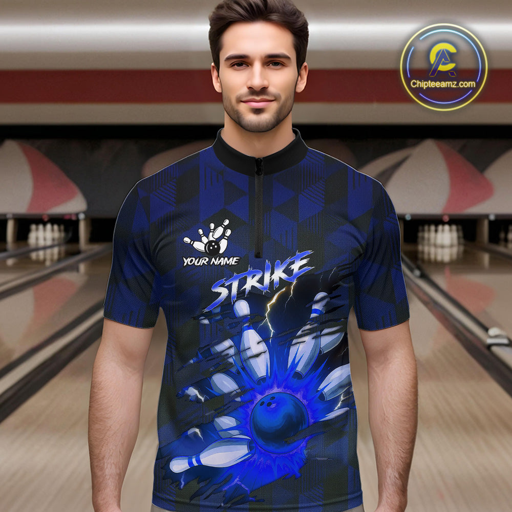 Blue Camo strike Men's Bowling Polo, Quarter Zip Shirt Custom Team Bowling jersey, gift for bowler NQS10343