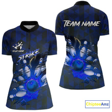 Load image into Gallery viewer, Blue Camo strike Women's Bowling Polo, Quarter Zip Shirt Custom Team Bowling jersey, gift for bowler NQS10343