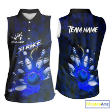 Load image into Gallery viewer, Blue Camo strike Women's Bowling Sleeveless Polo Shirt Custom Team Bowling jersey, gift for bowler NQS10343