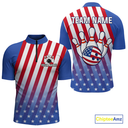Red, White and Blue US Flag Bowling Shirts for Women Custom Patriotic Bowling Team Jerseys NQS11148