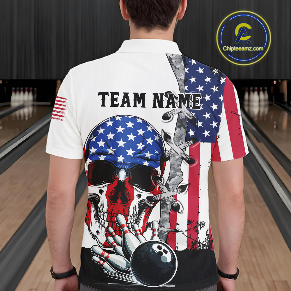 American Flag Skull Bowling Polo, Quarter Zip Shirts for Men Custom Patriotic Bowling Team jerseys NQS11694
