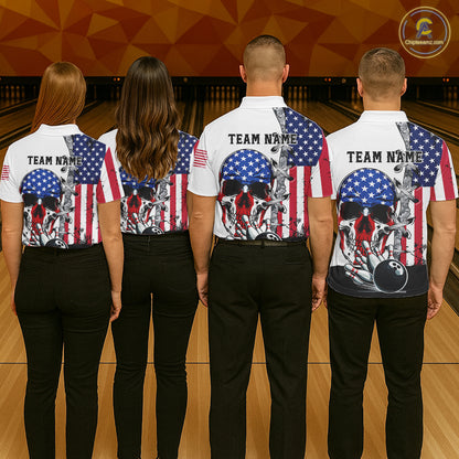 American Flag Skull Bowling Polo, Quarter Zip Shirts for Men Custom Patriotic Bowling Team jerseys NQS11694