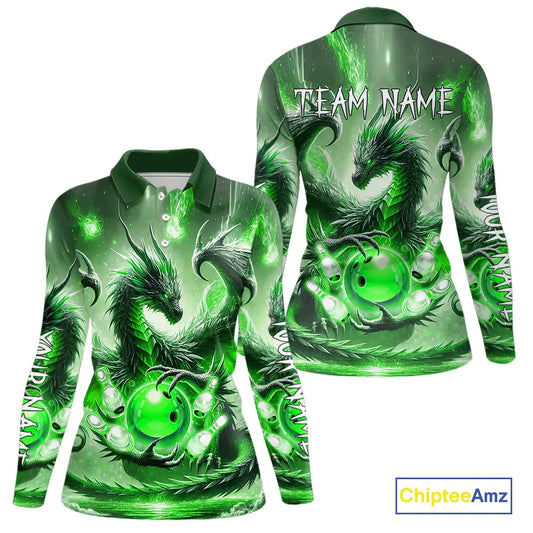 Personalized Green Lights Dragon Women Bowling Polo, 1/4 Zip Shirt Custom Team Bowling League Jersey NQS10199