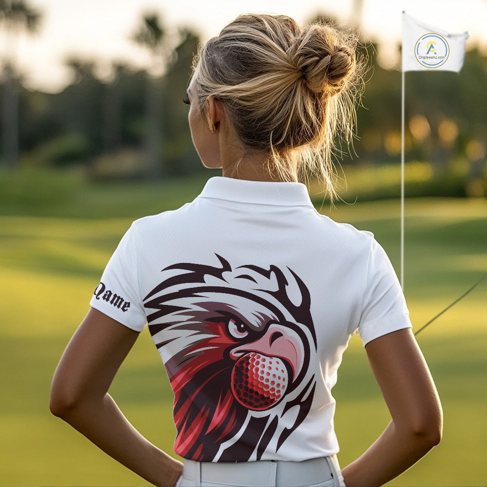 Womens golf polo shirts custom Red Eagle golf ball white golf tops, team golf attire for ladies NQS10553