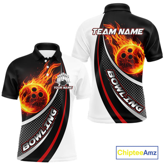Personalized Black & White Red Flame Bowling Polo, 1/4 zip Team Shirts For Men, Gifts For Bowlers NQS11358