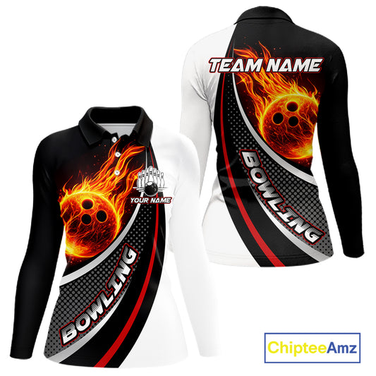 Personalized Black & White Red Flame Bowling Polo, 1/4 zip Team Shirts For Women, Gifts For Bowlers NQS11358