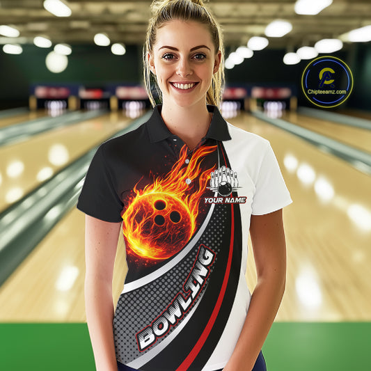 Personalized Black & White Red Flame Bowling Polo, 1/4 zip Team Shirts For Women, Gifts For Bowlers NQS11358