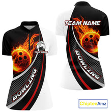 Load image into Gallery viewer, Personalized Black &amp; White Red Flame Bowling Polo, 1/4 zip Team Shirts For Women, Gifts For Bowlers NQS11358
