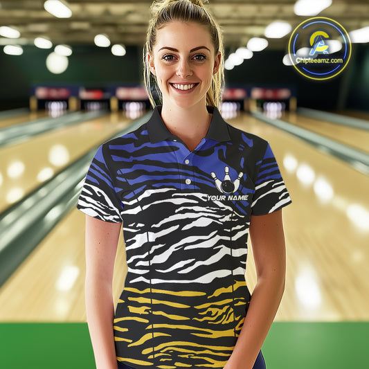 Blue, Yellow and White Tiger Skin Pattern Bowling Shirts For Women Custom Bowling Team jerseys NQS9803