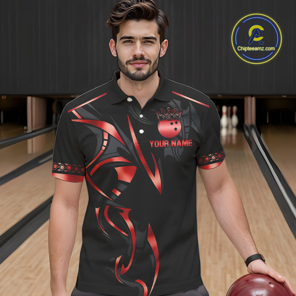 Black and Red crown Bowling ball Polo, Quarter Zip Shirts for Men Custom Bowling Team jerseys NQS10047