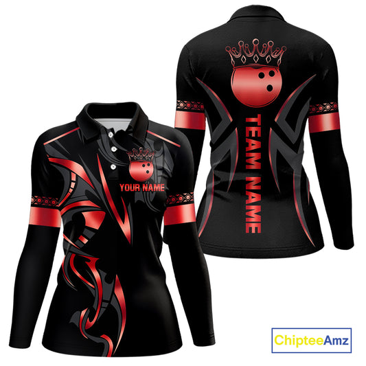 Black and Red crown Bowling ball Polo, Quarter Zip Shirts for Women Custom Bowling Team jerseys NQS10047