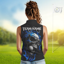 Load image into Gallery viewer, Custom Black and Blue Flame Skull Women's Sleeveless Polo Shirt, Skull Team Ladies Golf Outfit NQS10576