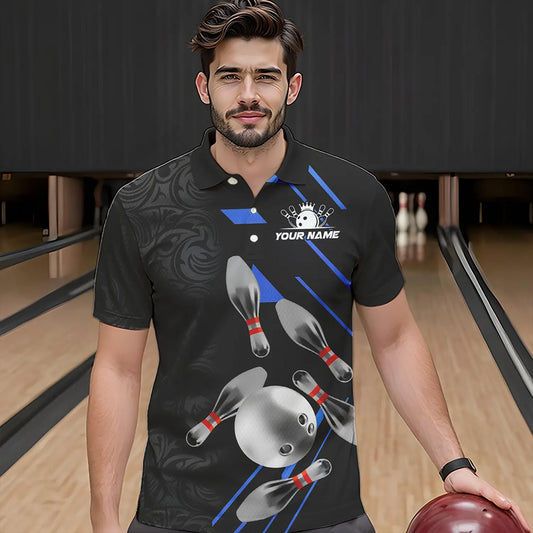 Silver Bowling Ball pins Team bowling shirts for Men custom bowling Polo, Quarter zip jersey | Blue NQS9624