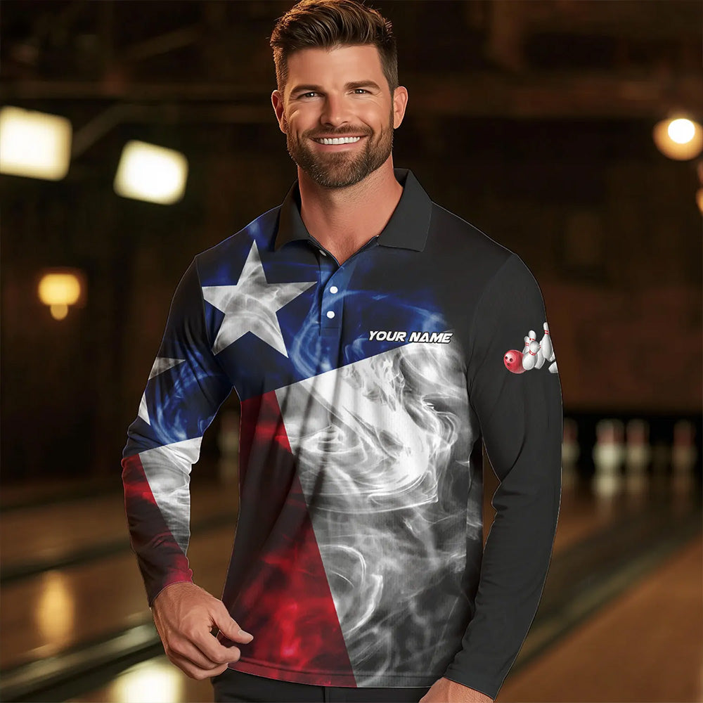 Smoke Texas Flag Black Bowling Polo, Quarter Zip shirt for men Custom patriotic Team bowling jersey NQS9631