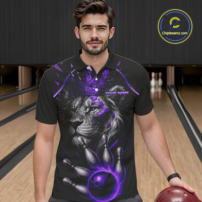 Custom Black and Purple Lion Bowling Polo, Quarter Zip shirts for Men, Lion Team Bowling Jerseys NQS10586