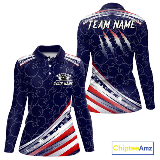 American Flag Camo Bowling Shirts For Women Custom patriotic Bowling Team Polo, 1/4 zip Jersey | Navy NQS11180