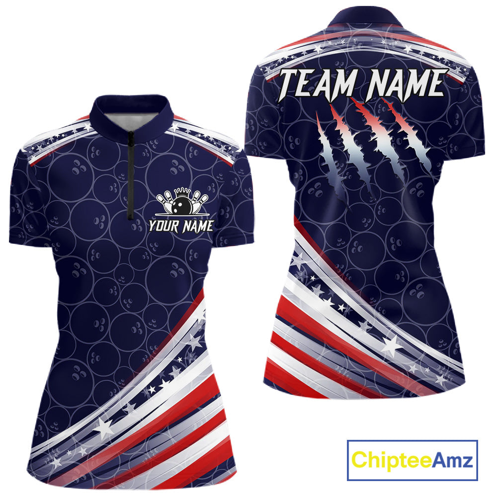 American Flag Camo Bowling Shirts For Women Custom patriotic Bowling Team Polo, 1/4 zip Jersey | Navy NQS11180