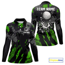 Load image into Gallery viewer, Black and Green Camo pattern Womens Golf Polo Shirts custom ladies golf tops, cool golf gifts NQS9827