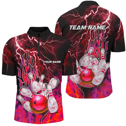Men Bowling Polo, 1/4 Zip Shirt Custom red lightning thunder Bowling Team Jersey, gift for Bowlers NQS8175