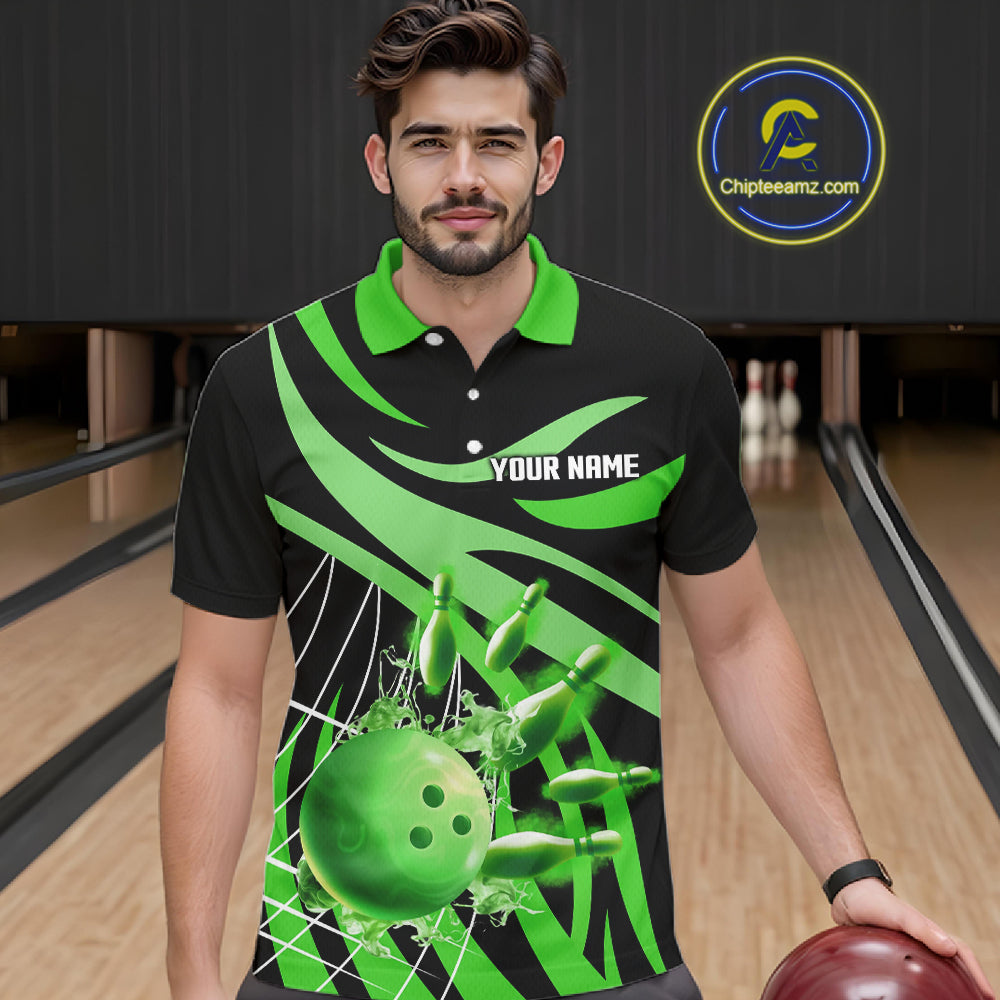 Green flame bowling 1/4 zip, mens polo bowling shirts Custom Team bowling shirts for men NQS11394