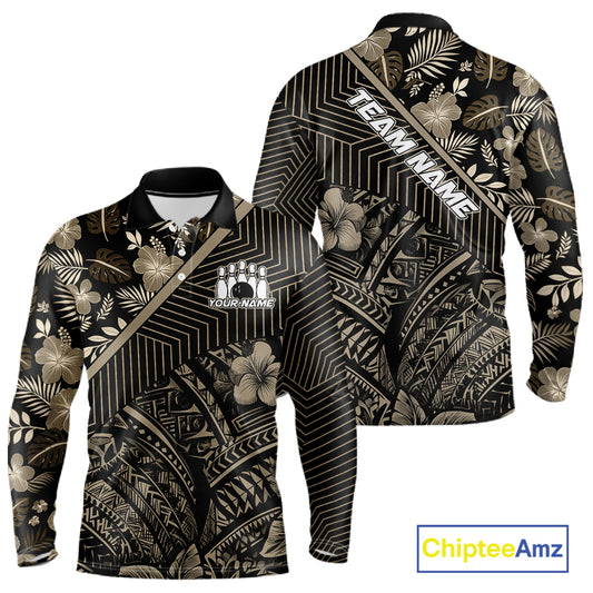 Black tribal pattern Bowling Polo, 1/4 zip Shirts For Men Custom Team Bowling Jerseys NQS11389