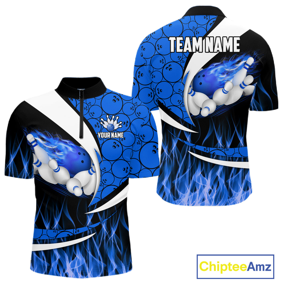 Blue Flame Bowling Camo Bowling Polo, Quarter Zip Shirts For Men Custom Bowling Team Bowler Jerseys NQS11195