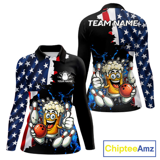 Funny Beer Bowling Shirts for Women Custom US Flag Patriotic Team Bowling Jerseys Uniforms NQS11602