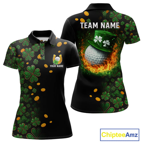 Personalized Green Clover St Patrick's Day pattern Golf Polo Shirts For Women, Best ladies golf wear NQS11207