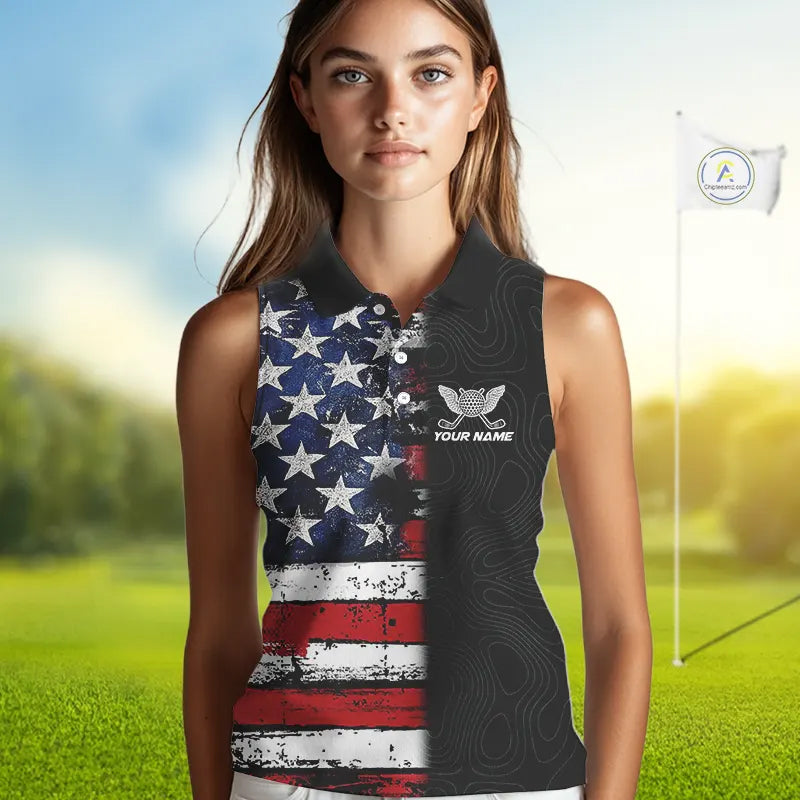 American Flag Eagle ladies sleeveless golf tops Custom patriotic golf shirts for ladies golf apparel NQS11407