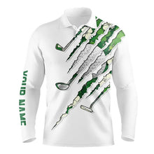 Load image into Gallery viewer, Green shamrock pattern White Mens Golf Polo Shirt Custom golf clubs St Patrick day golf attire for men NQS9476