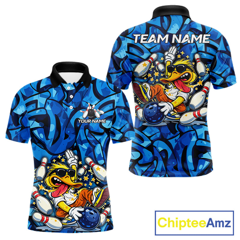 Funny Duck Bowling Polo, 1/4 Zip Shirts for Men Custom Blue graffiti pattern Team Bowling Jerseys NQS11603