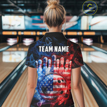 Load image into Gallery viewer, Smoke American Flag Bowling ball &amp; pins Bowling Shirts for Women Custom patriotic Team Bowling Jersey NQS11606