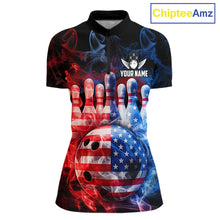 Load image into Gallery viewer, Smoke American Flag Bowling ball &amp; pins Bowling Shirts for Women Custom patriotic Team Bowling Jersey NQS11606