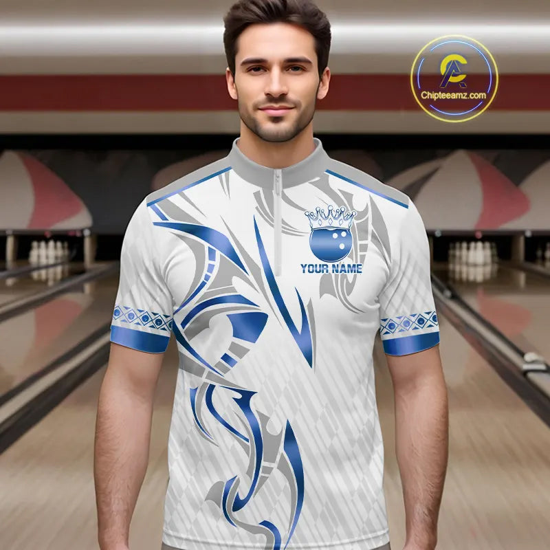 White and Blue crown Bowling ball Polo, Quarter Zip Shirts for Men Custom Bowling Team jerseys NQS11008