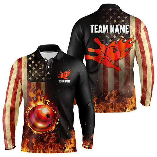 Vintage American Flag Flame Bowling Shirts For Men Custom Patriotic Mens Bowling Team Jersey NQS9651