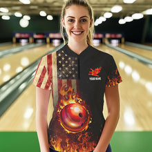 Load image into Gallery viewer, Vintage American Flag Flame Bowling Shirts For Women Custom Patriotic Ladies Bowling Team Jersey NQS9651