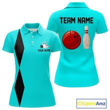 Load image into Gallery viewer, Personalized Retro Women Bowling Polo, 1/4 Zip Shirts custom vintage bowling team jersey | Cyan Blue NQS11017