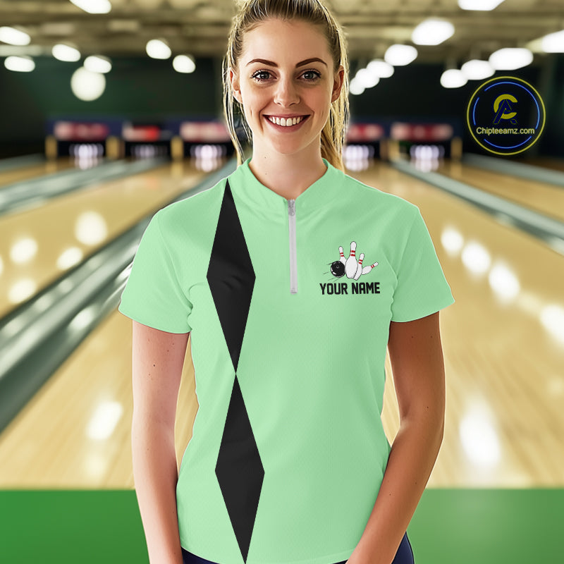 Personalized Retro Women Bowling Polo, 1/4 Zip Shirts custom vintage bowling team jersey | Mint Green NQS11018