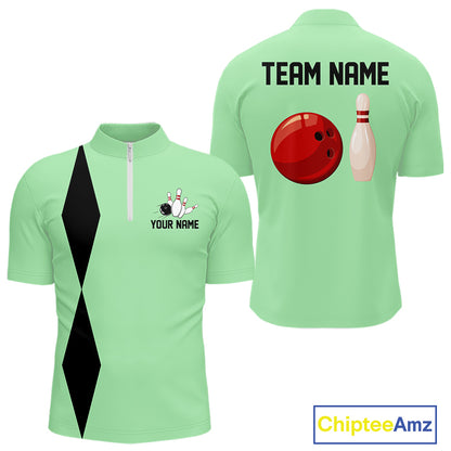 Personalized Retro Bowling Polo, 1/4 Zip Shirt For Men custom vintage bowling team jersey| Mint Green NQS11018