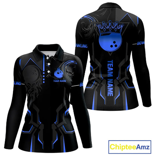 Black and Blue Bowling Polo, Quarter Zip Shirts For Women Custom Bowling Crown Team Jerseys Outfits NQS11221