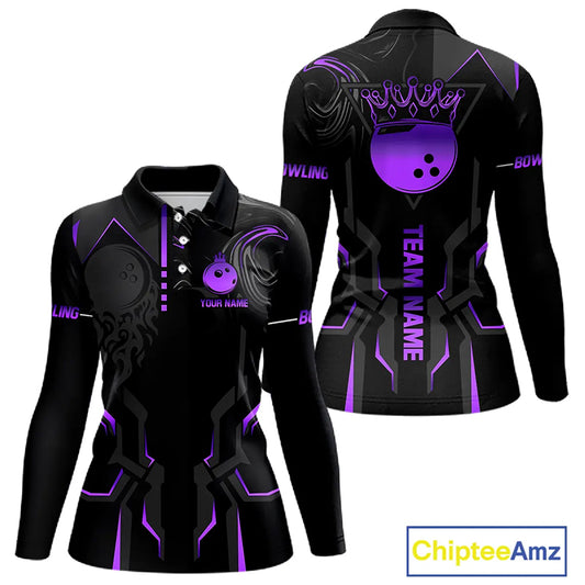 Black and Purple Bowling Polo, Quarter Zip Shirts For Women Custom Bowling Crown Team Jerseys Outfits NQS11223